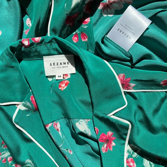 Sézane Elisa Green Floral Bouquet Silk PJ Shirt Blouse Size EU36 US4 - Picture 5 of 5